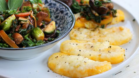 Cheesy Polenta Slices with Stir-fried Brussels Sprouts