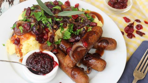 Sausages with Apple Mustard Mash & Gravy